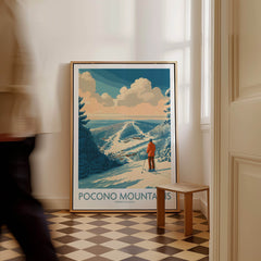 Pocono Mountains ski resort art print with skier, snowy landscape and scenic view