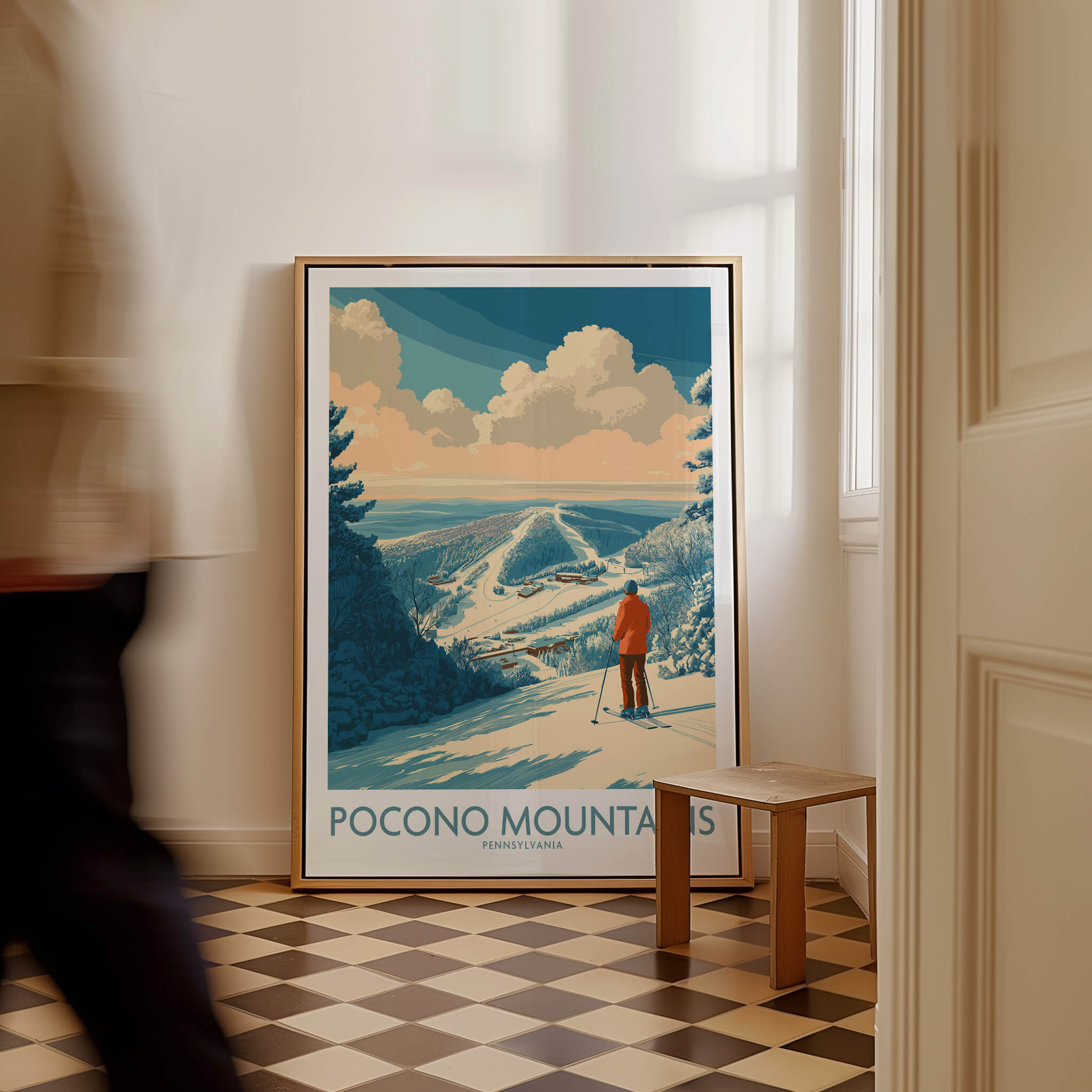 Pocono Mountains ski resort art print with skier, snowy landscape and scenic view