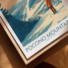 Pocono Mountains ski resort poster with skier, snowy slopes, and Pennsylvania landscape art.