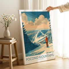Pocono Mountains travel poster print with skier, scenic snowy landscape and retro style art