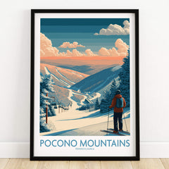 Pocono Mountains travel poster with skier, snowy slopes, pine trees, and scenic sunset view