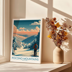 Pocono Mountains Pennsylvania ski poster with skier, snowy landscape, and vintage travel art