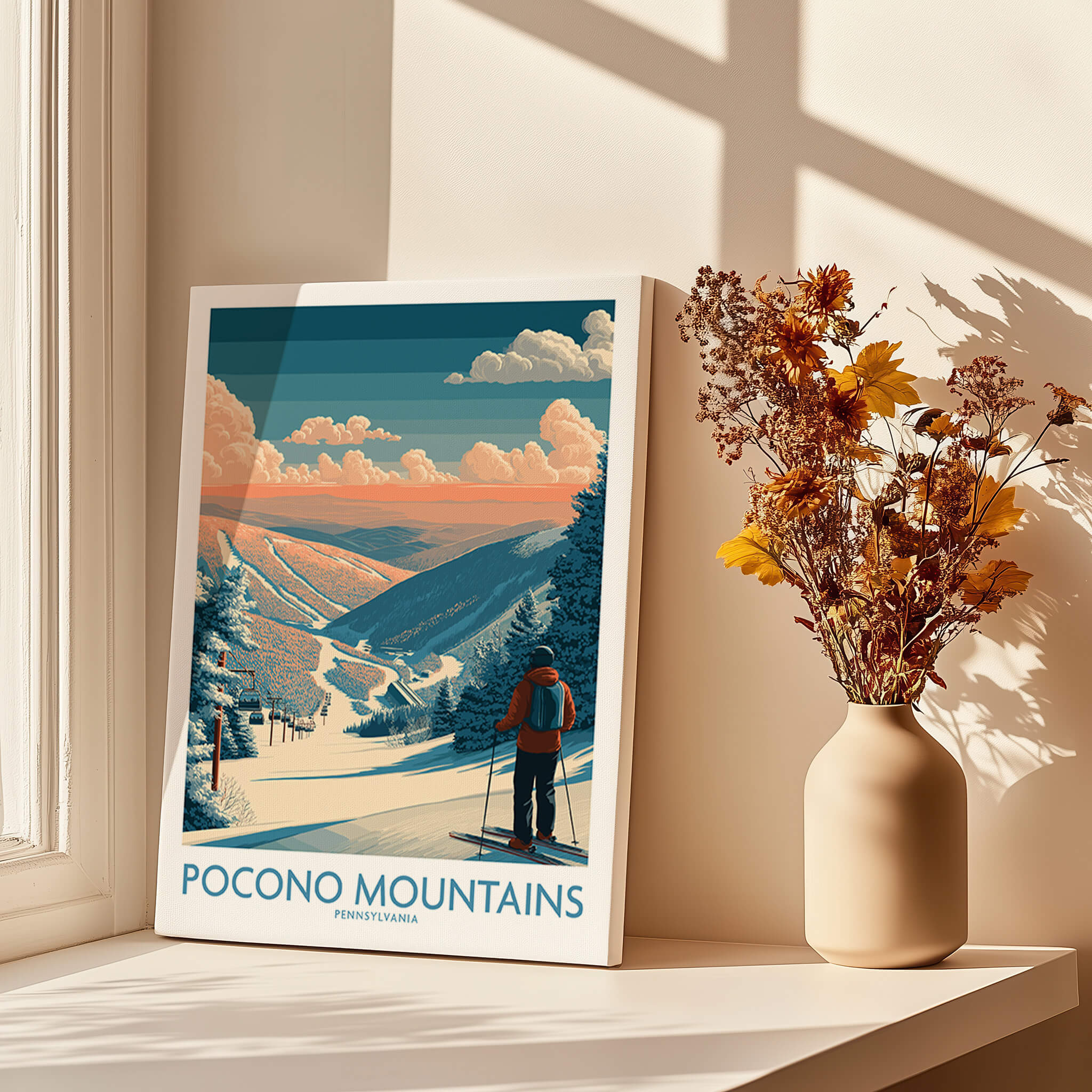 Pocono Mountains Pennsylvania ski poster with skier, snowy landscape, and vintage travel art