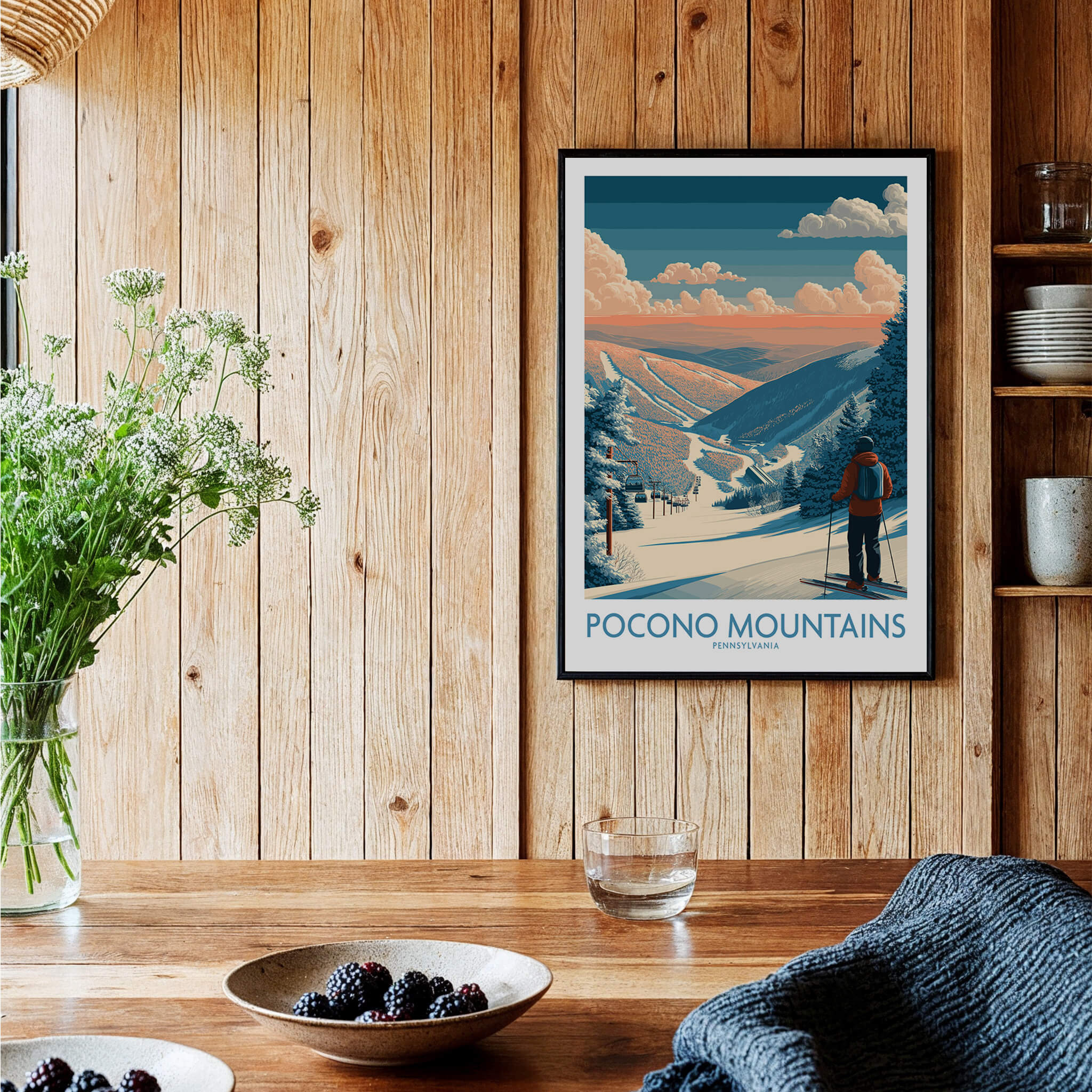 Framed Pocono Mountains ski travel poster on a rustic wood wall in cozy kitchen setting