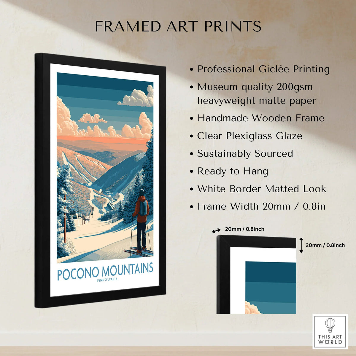 Framed Pocono Mountains ski art print with scenic snowy landscape and skier, wall decor