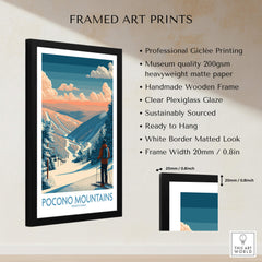 Framed Pocono Mountains ski art print with scenic snowy landscape and skier, wall decor