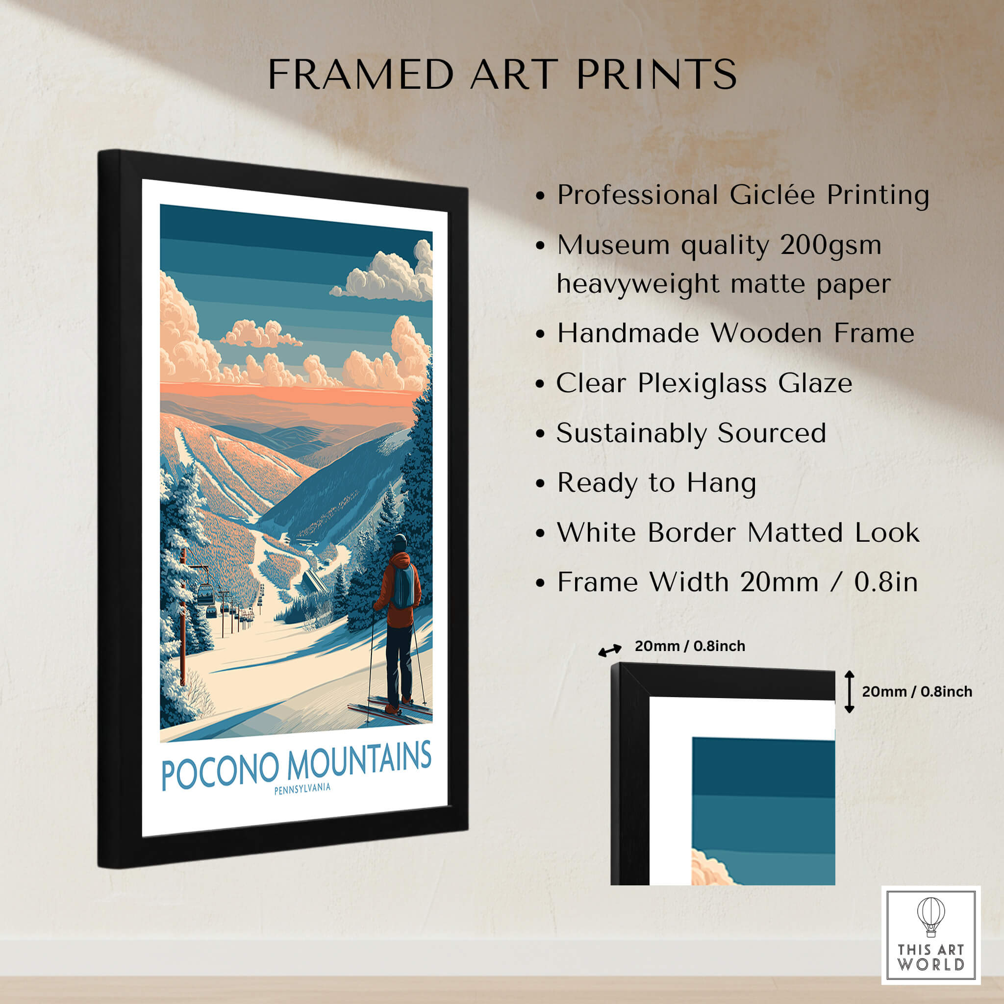 Framed Pocono Mountains ski art print with scenic snowy landscape and skier, wall decor