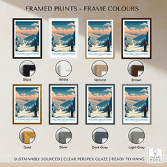 Pocono Mountains ski travel poster framed prints in black, white, natural, brown, gold, silver, dark grey, and light grey frame options.