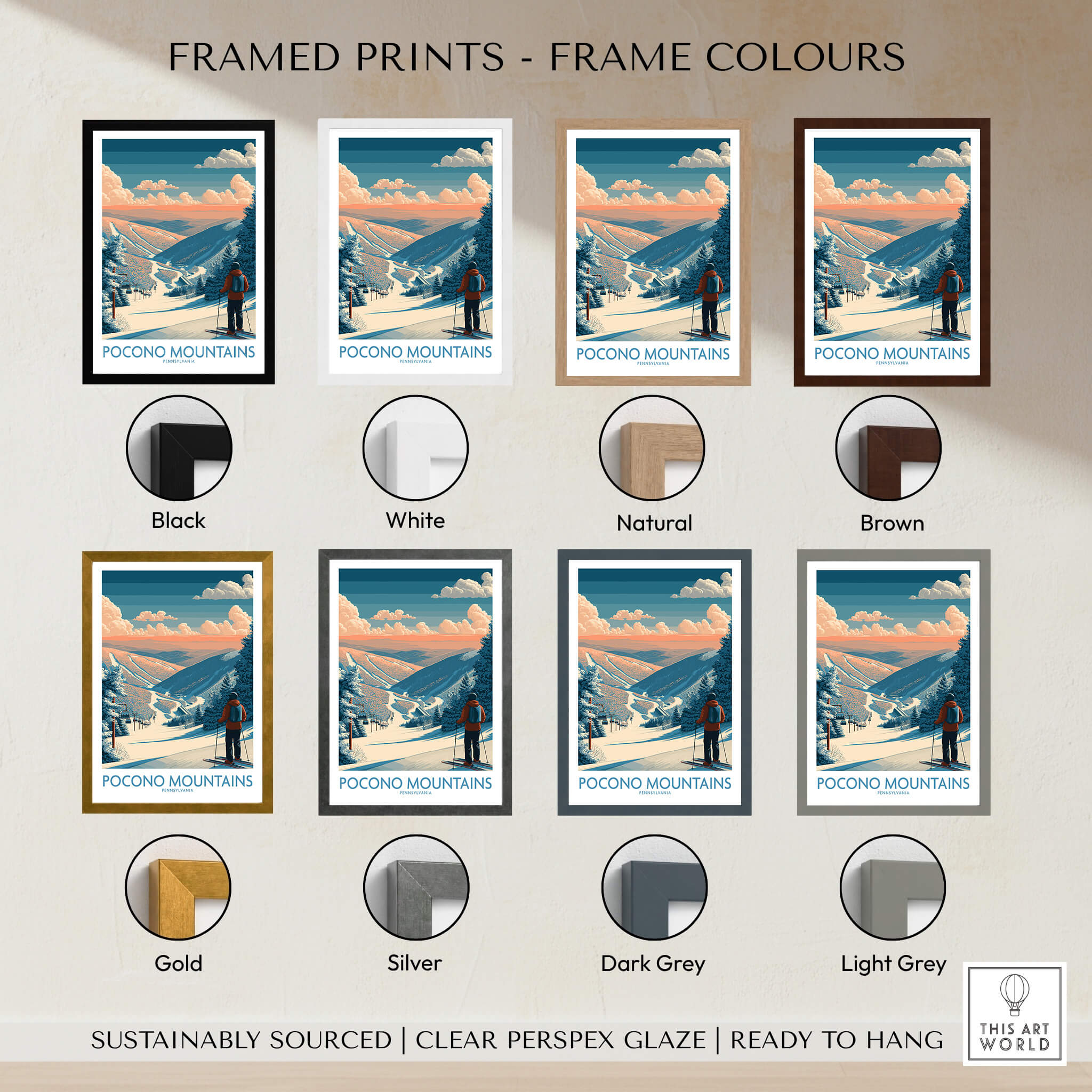 Pocono Mountains ski travel poster framed prints in black, white, natural, brown, gold, silver, dark grey, and light grey frame options.