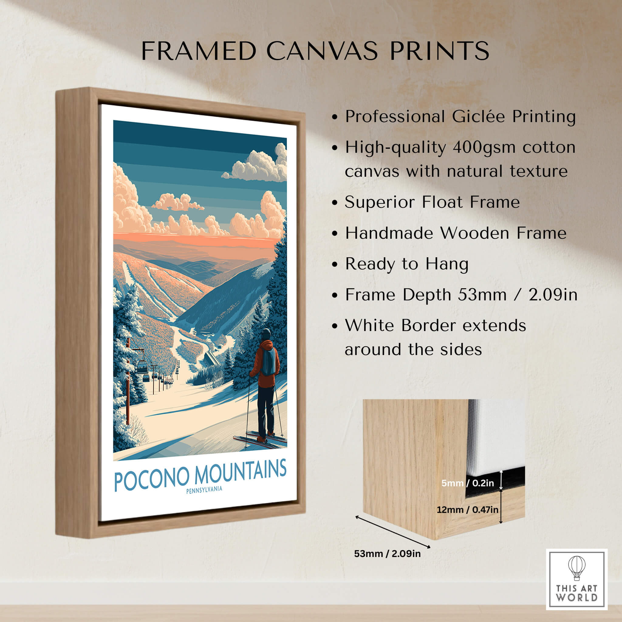 Framed canvas print of Pocono Mountains ski scene with skier, sunset, and snowy landscape.