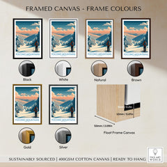 Framed Pocono Mountains ski wall art in six frame colors: black, white, natural, brown, gold, and silver, with a scenic snowy landscape and skier, plus float frame canvas detail.