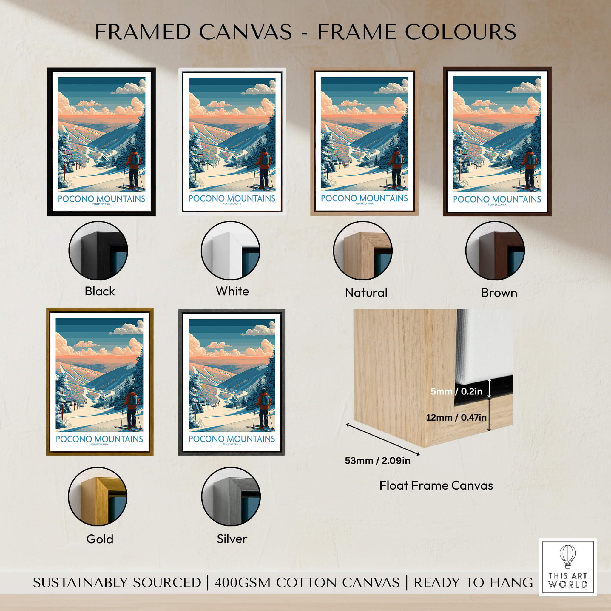 Framed Pocono Mountains ski wall art in six frame colors: black, white, natural, brown, gold, and silver, with a scenic snowy landscape and skier, plus float frame canvas detail.