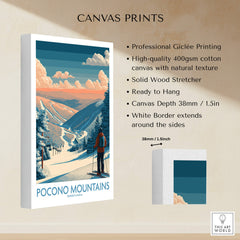 Pocono Mountains ski wall art canvas print featuring a skier on snowy slopes with scenic views.