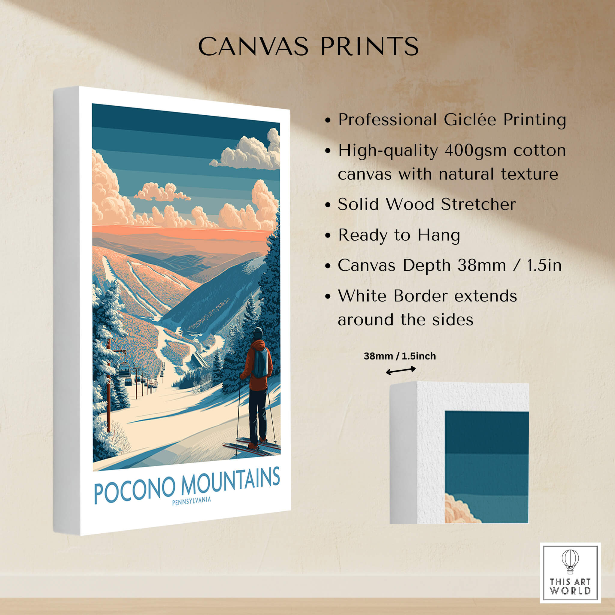 Pocono Mountains ski wall art canvas print featuring a skier on snowy slopes with scenic views.
