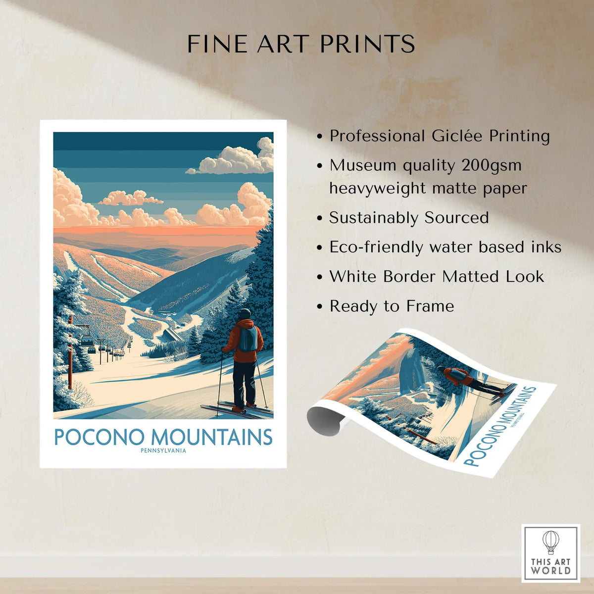 Pocono Mountains Pennsylvania ski art print with skier, snowy landscape, and sunset colors.