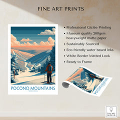 Pocono Mountains Pennsylvania ski art print with skier, snowy landscape, and sunset colors.