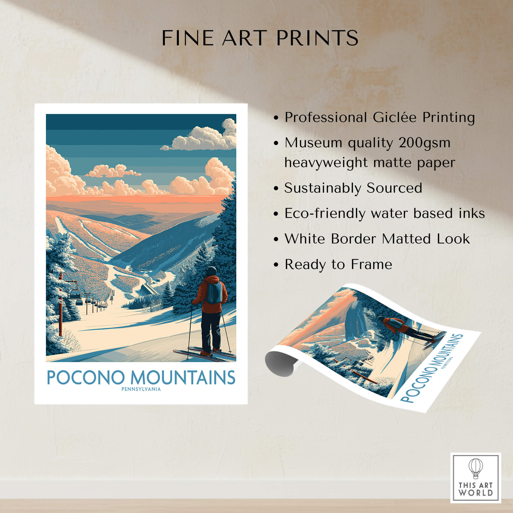 Pocono Mountains Pennsylvania ski art print with skier, snowy landscape, and sunset colors.