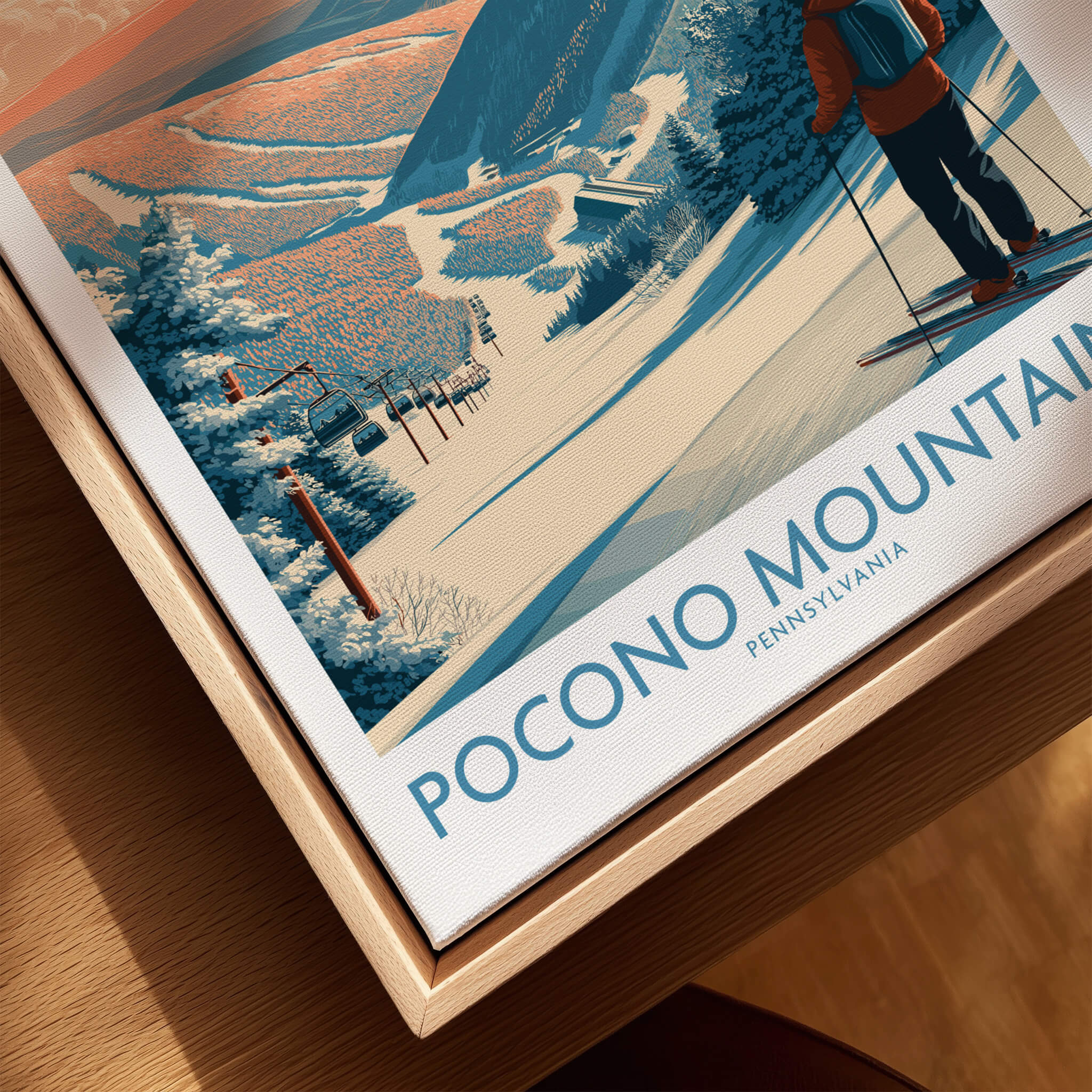 Pocono Mountains ski resort travel poster with skier, snowy landscape, and chairlift