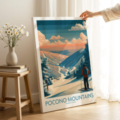 Pocono Mountains ski resort travel poster leaning against wall, skier and snowy landscape featured.