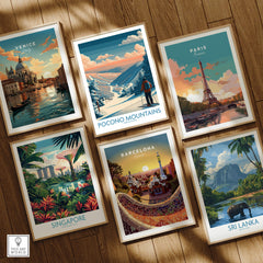 Framed travel posters of Venice, Pocono Mountains, Paris, Singapore, Barcelona, and Sri Lanka on wood floor