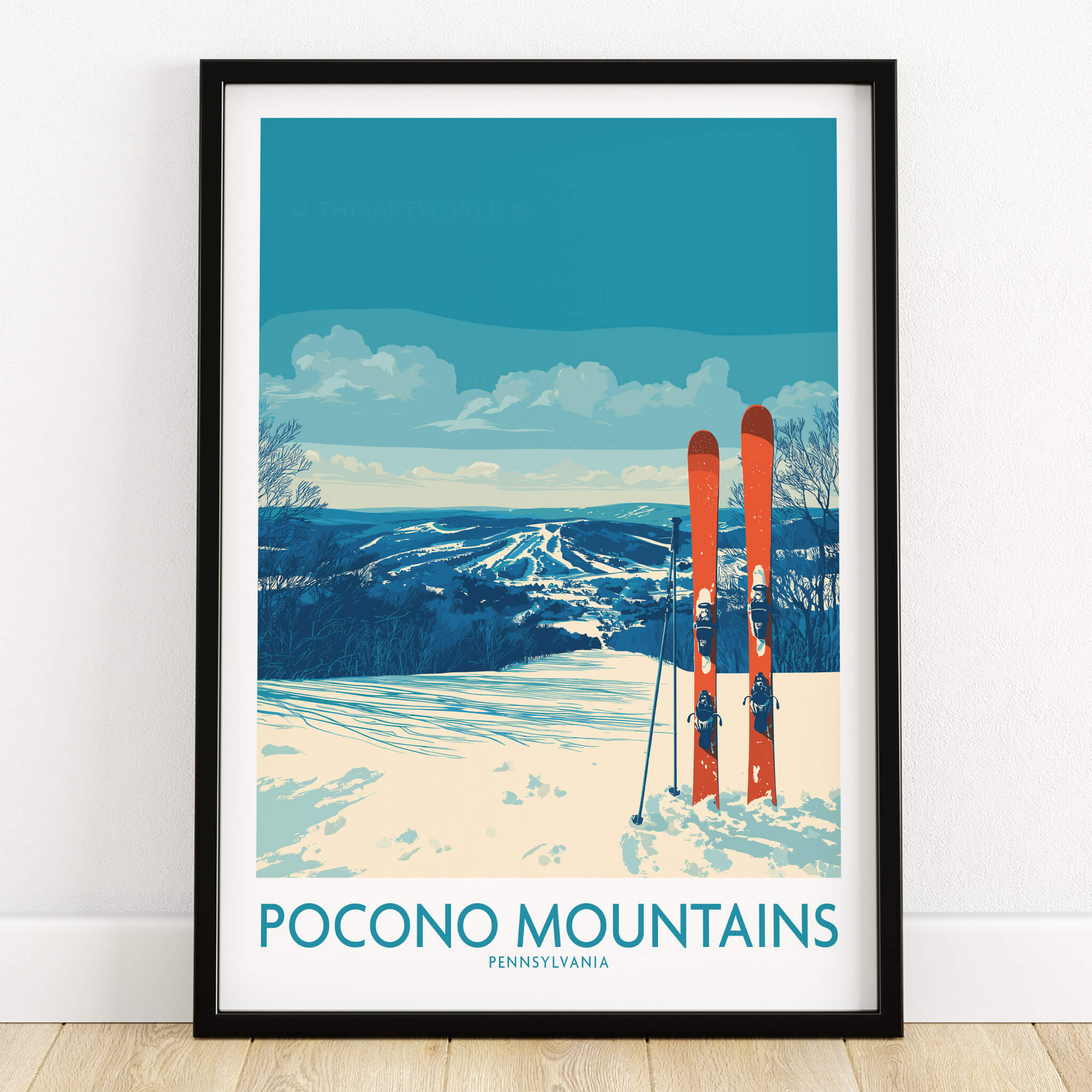 Pocono Mountains Pennsylvania ski print with red skis, snowy landscape, and scenic view