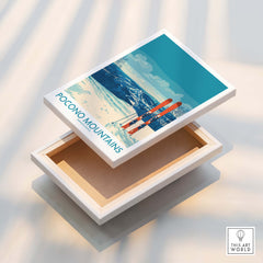 Pocono Mountains travel poster art print with ski scene on canvas storage box lid