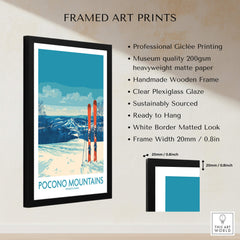 Framed Pocono Mountains ski art print with snowy landscape and orange skis, wall decor.