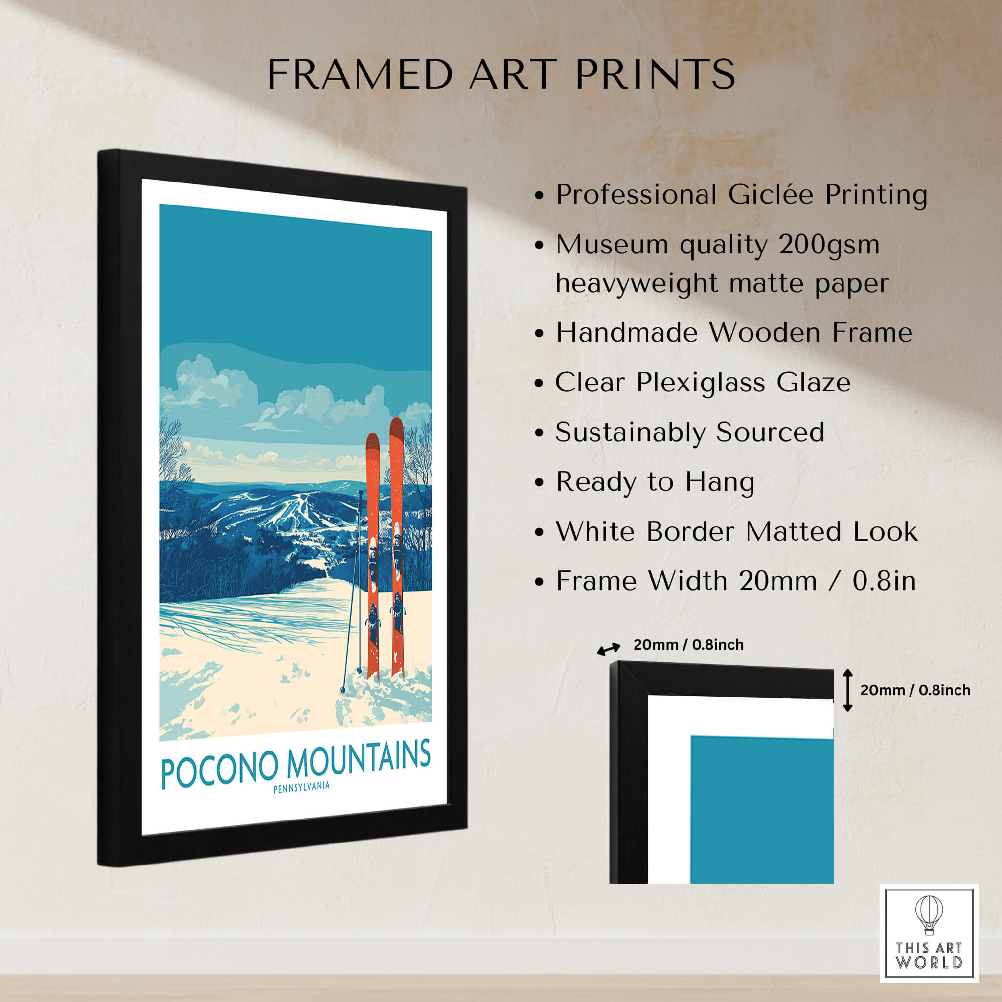 Framed Pocono Mountains ski art print with snowy landscape and orange skis, wall decor.