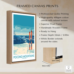 Framed canvas print of Pocono Mountains ski scene with blue sky, skis, and snowy landscape.