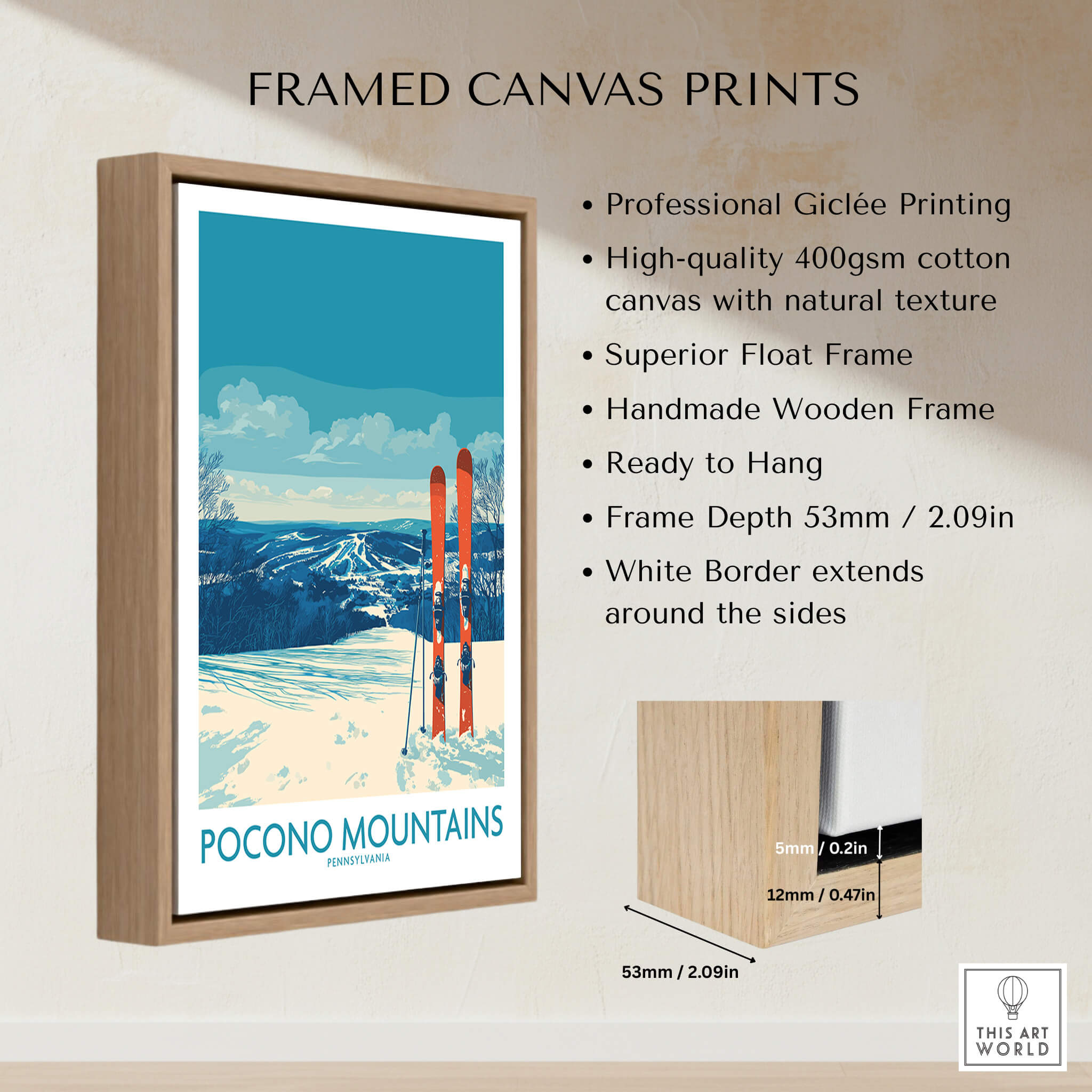 Framed canvas print of Pocono Mountains ski scene with blue sky, skis, and snowy landscape.