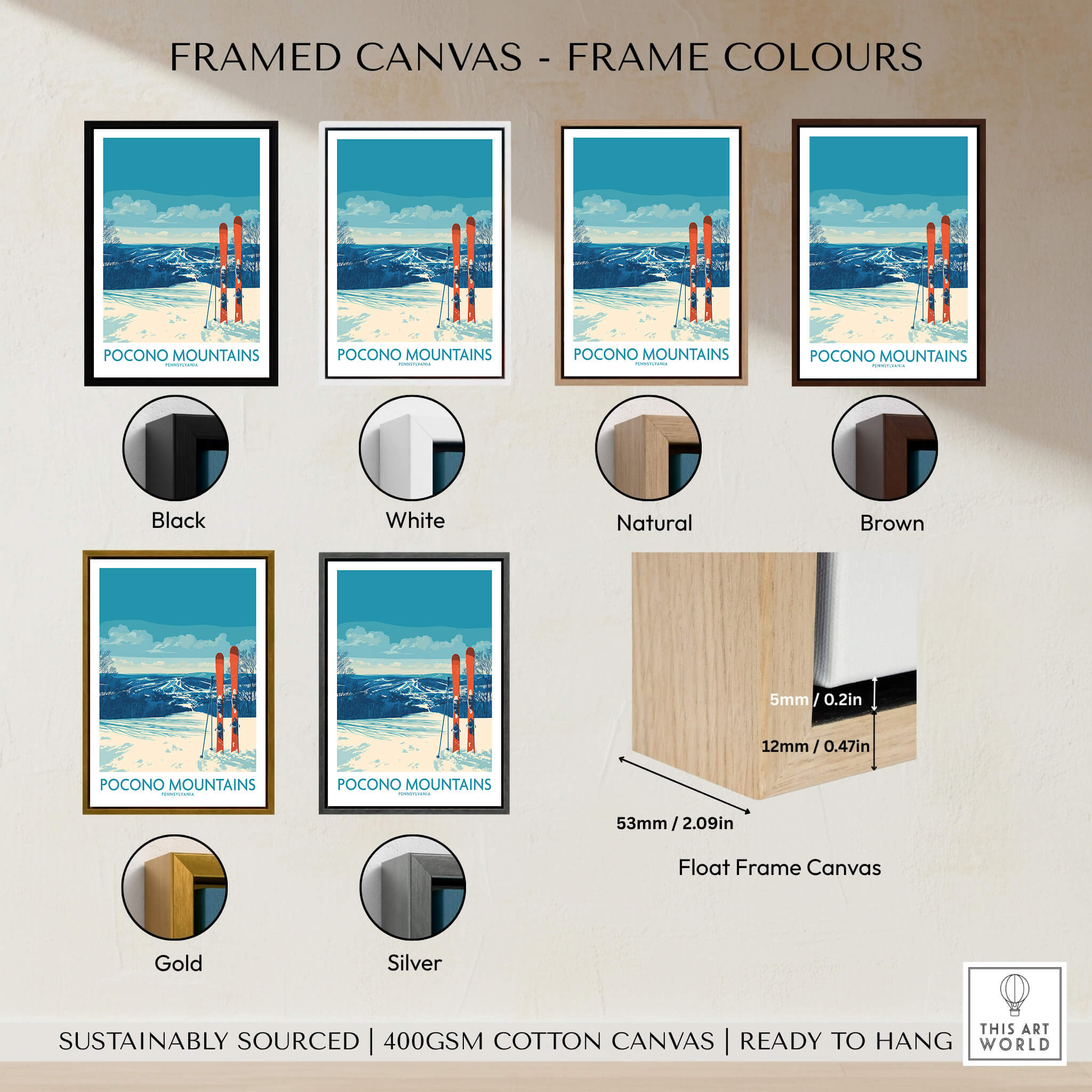 Pocono Mountains ski travel poster wall art in six frame colors, canvas float frame detail