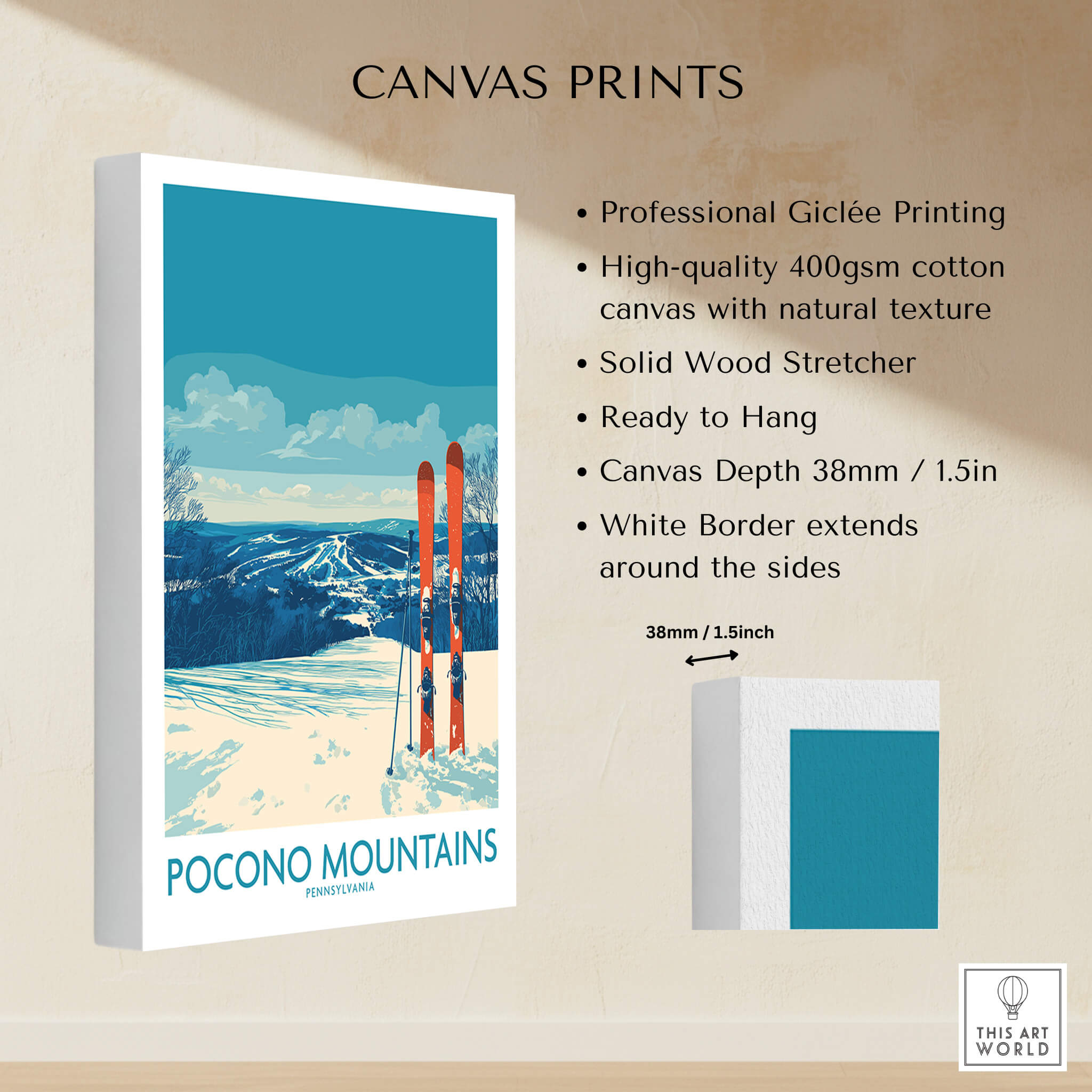 Pocono Mountains ski travel poster print on canvas with snowy landscape and orange skis.