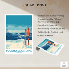 Pocono Mountains travel poster print with vintage ski design and snow-covered landscape