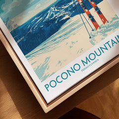 Pocono Mountains Pennsylvania travel poster with snowy landscape and ski equipment art print