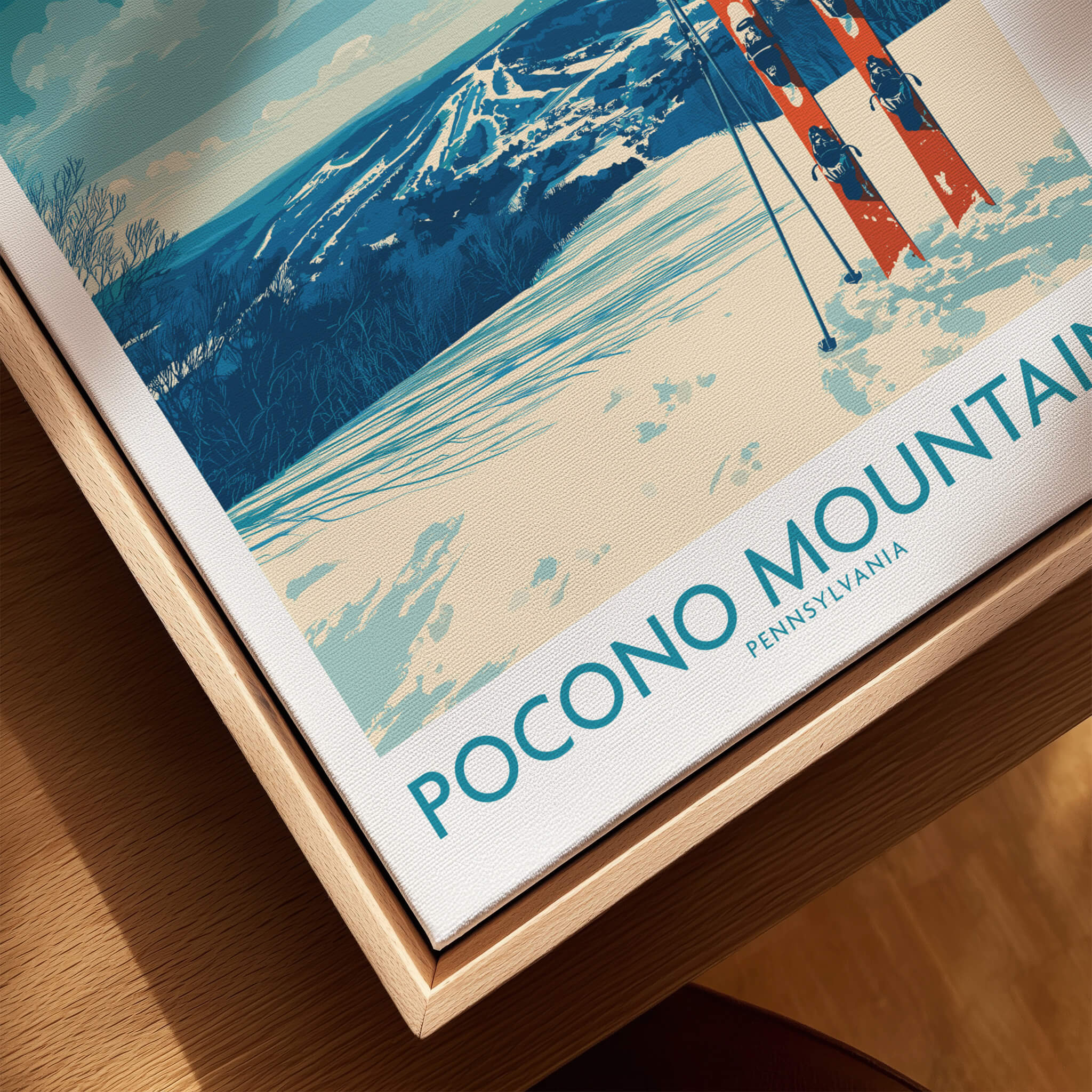 Pocono Mountains Pennsylvania travel poster with snowy landscape and ski equipment art print