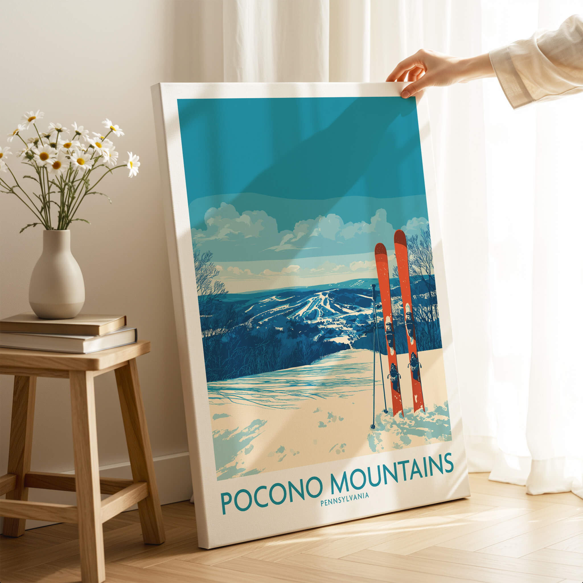 Pocono Mountains ski poster with snowy landscape and skis, ideal travel wall art
