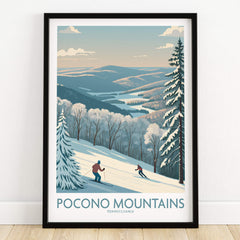 Pocono Mountains Pennsylvania ski poster with two skiers on snowy slopes and scenic winter landscape