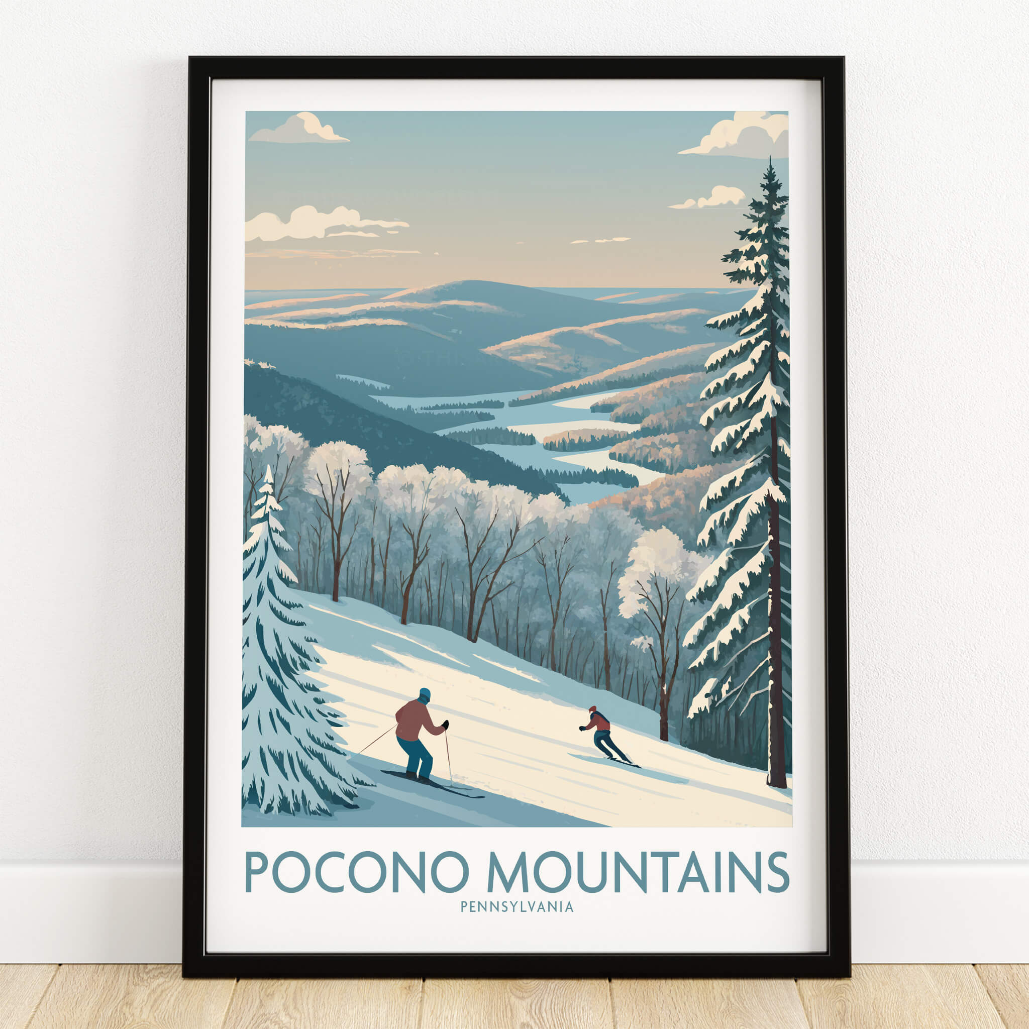 Pocono Mountains Pennsylvania ski poster with two skiers on snowy slopes and scenic winter landscape
