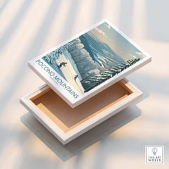 Pocono Mountains art print box with winter landscape and skiers, travel wall decor