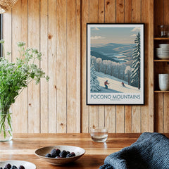 Pocono Mountains ski poster on wood wall in cozy dining room with rustic decor