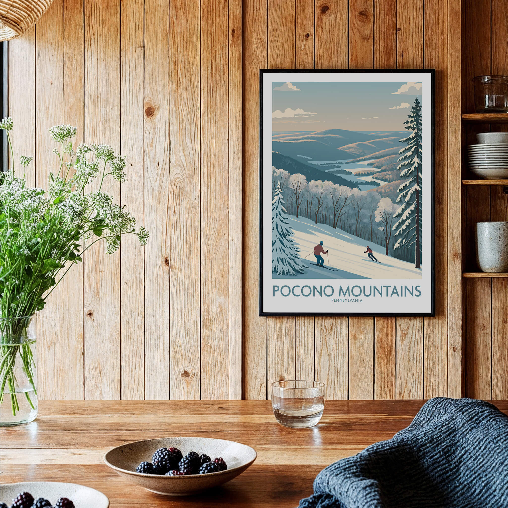 Pocono Mountains ski poster on wood wall in cozy dining room with rustic decor