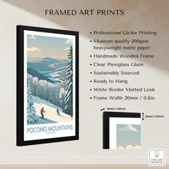 Framed Pocono Mountains art print with skiers, snowy landscape, and product details