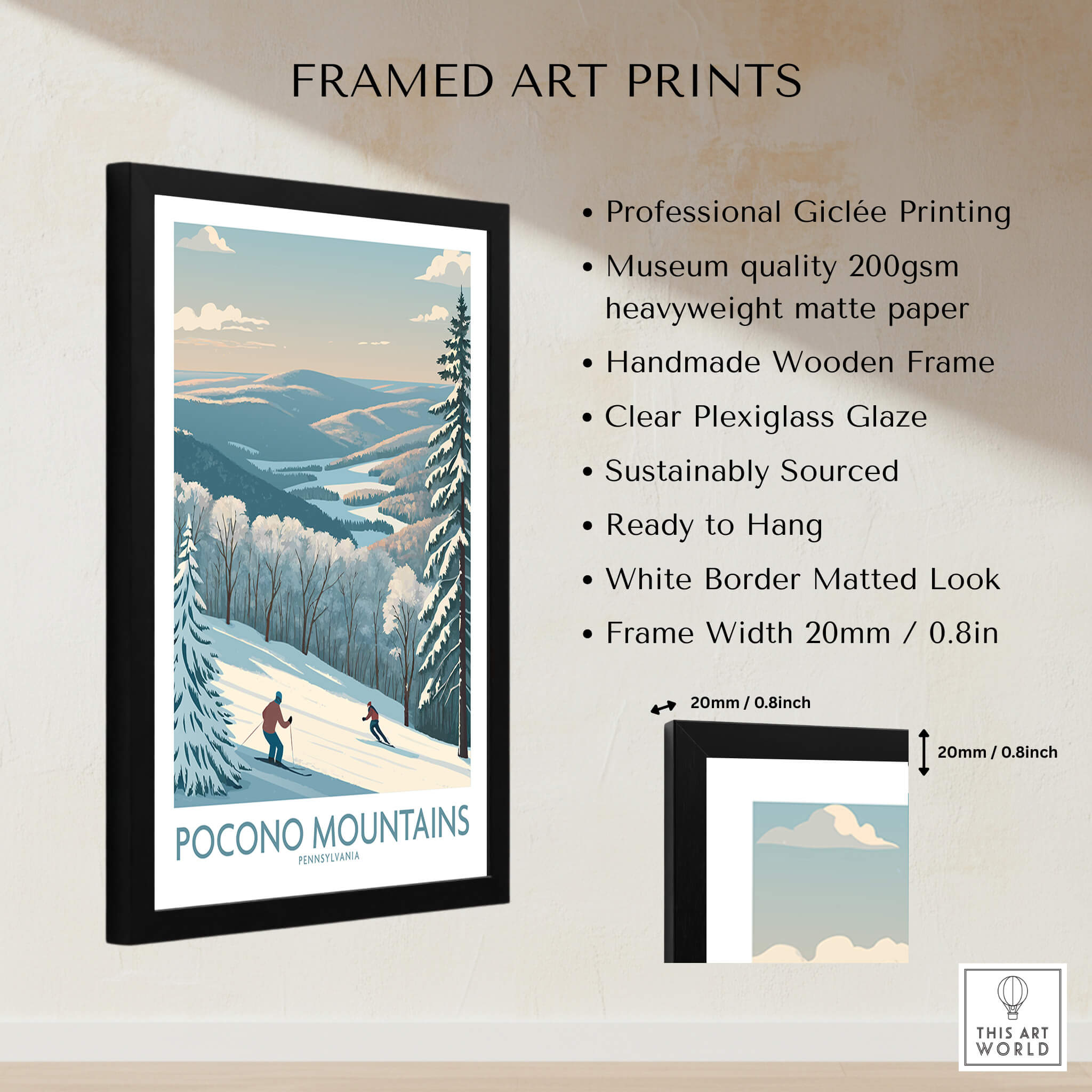 Framed Pocono Mountains art print with skiers, snowy landscape, and product details