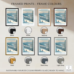Pocono Mountains ski travel poster in various frame colors, wall art decor options