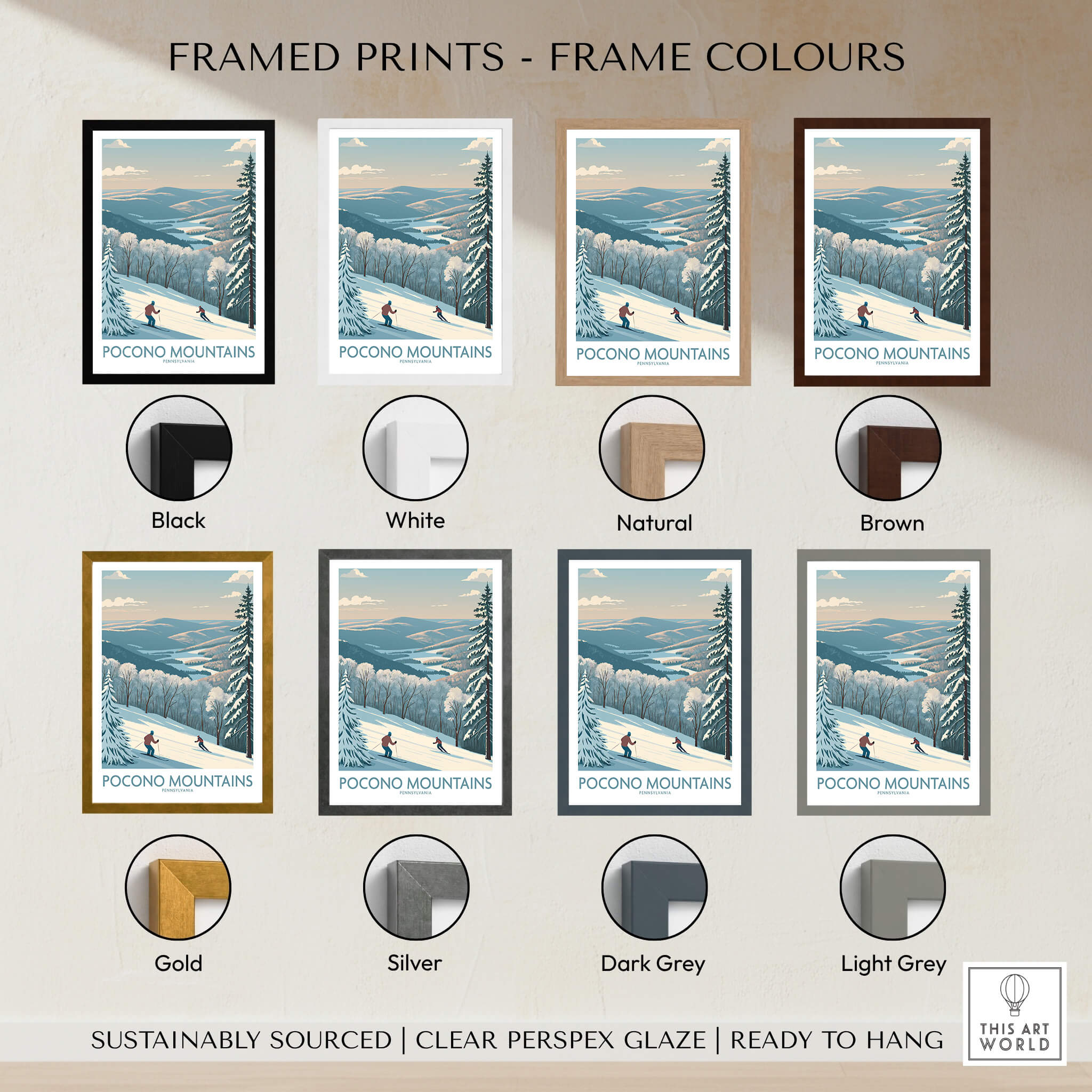 Pocono Mountains ski travel poster in various frame colors, wall art decor options