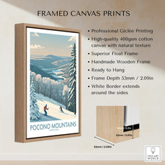 Framed canvas print of Pocono Mountains skiing scene with wooden float frame, wall art decor.