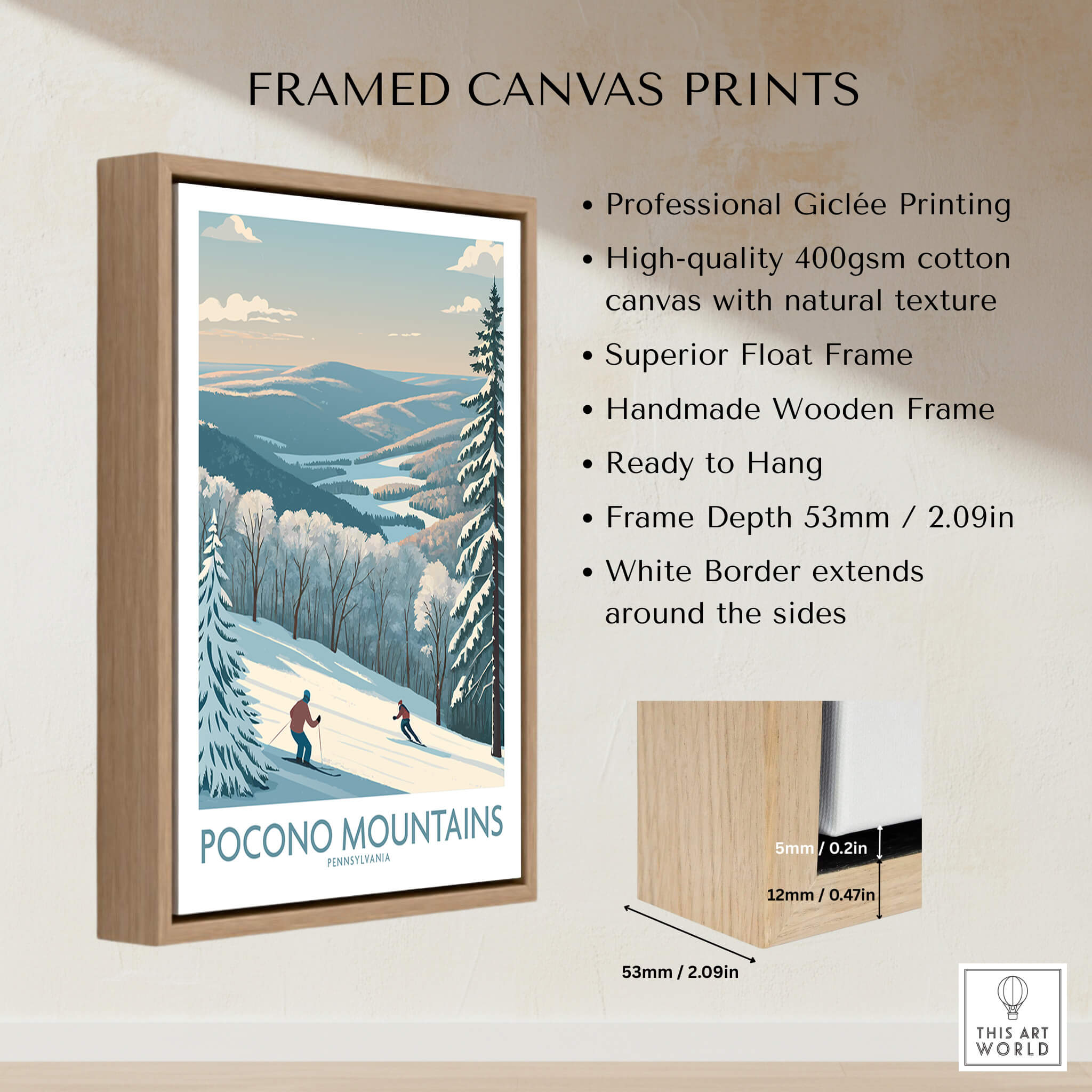 Framed canvas print of Pocono Mountains skiing scene with wooden float frame, wall art decor.