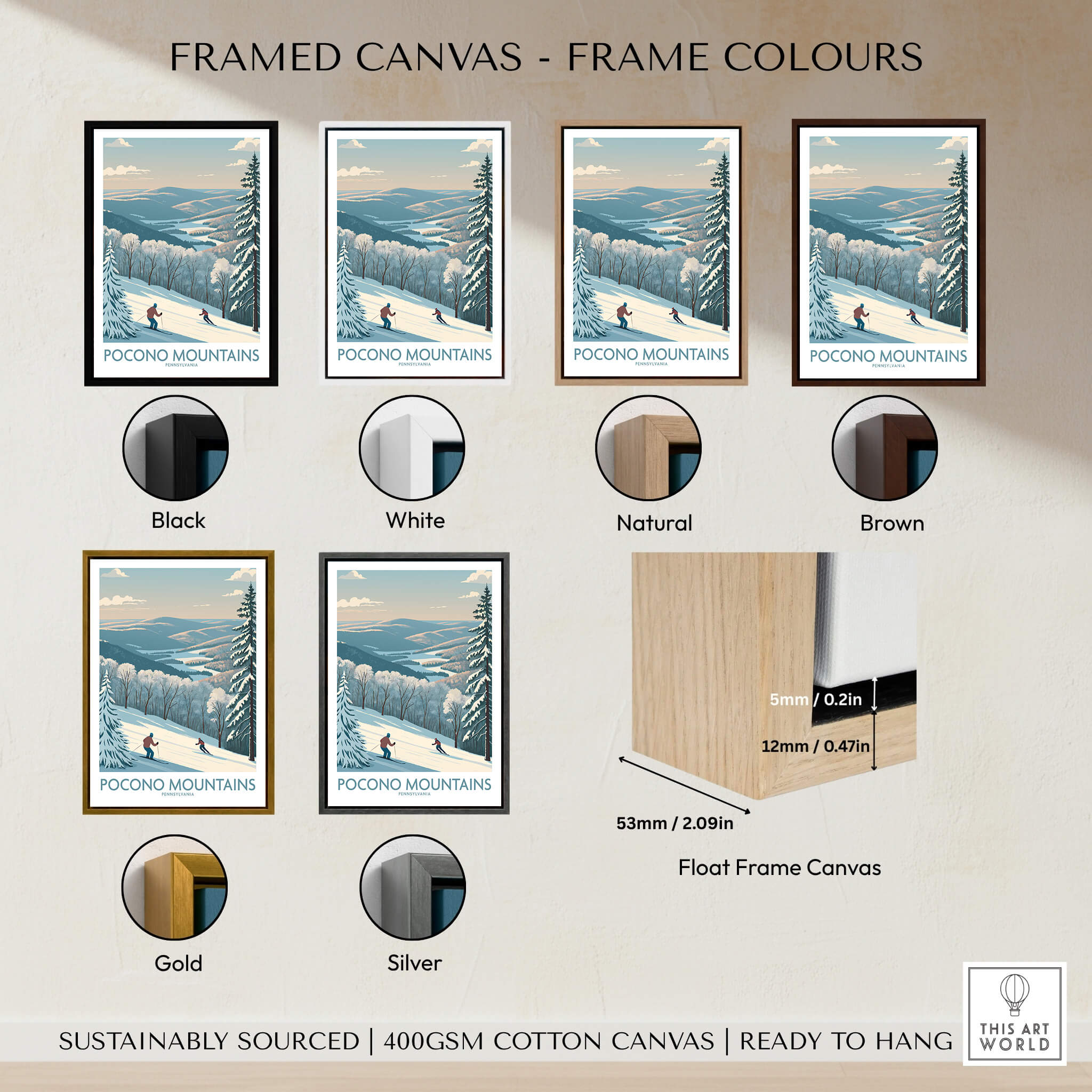 Pocono Mountains ski travel poster in six frame colors, framed wall art options display
