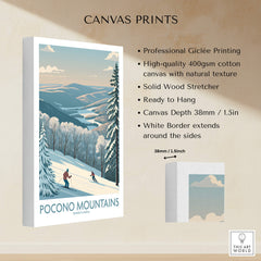 Pocono Mountains travel poster canvas print featuring skiers, snowy trees, and scenic winter landscape.