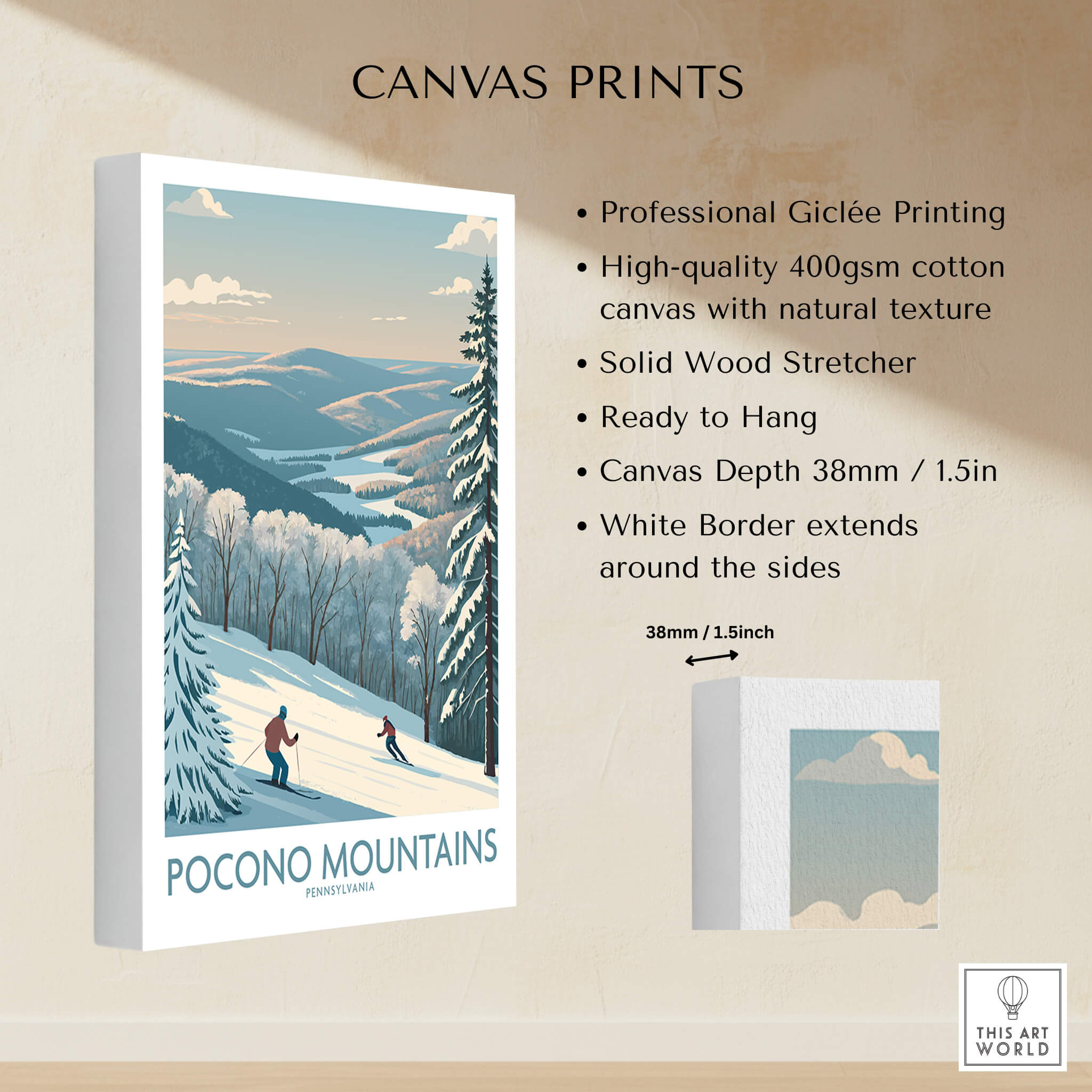 Pocono Mountains travel poster canvas print featuring skiers, snowy trees, and scenic winter landscape.